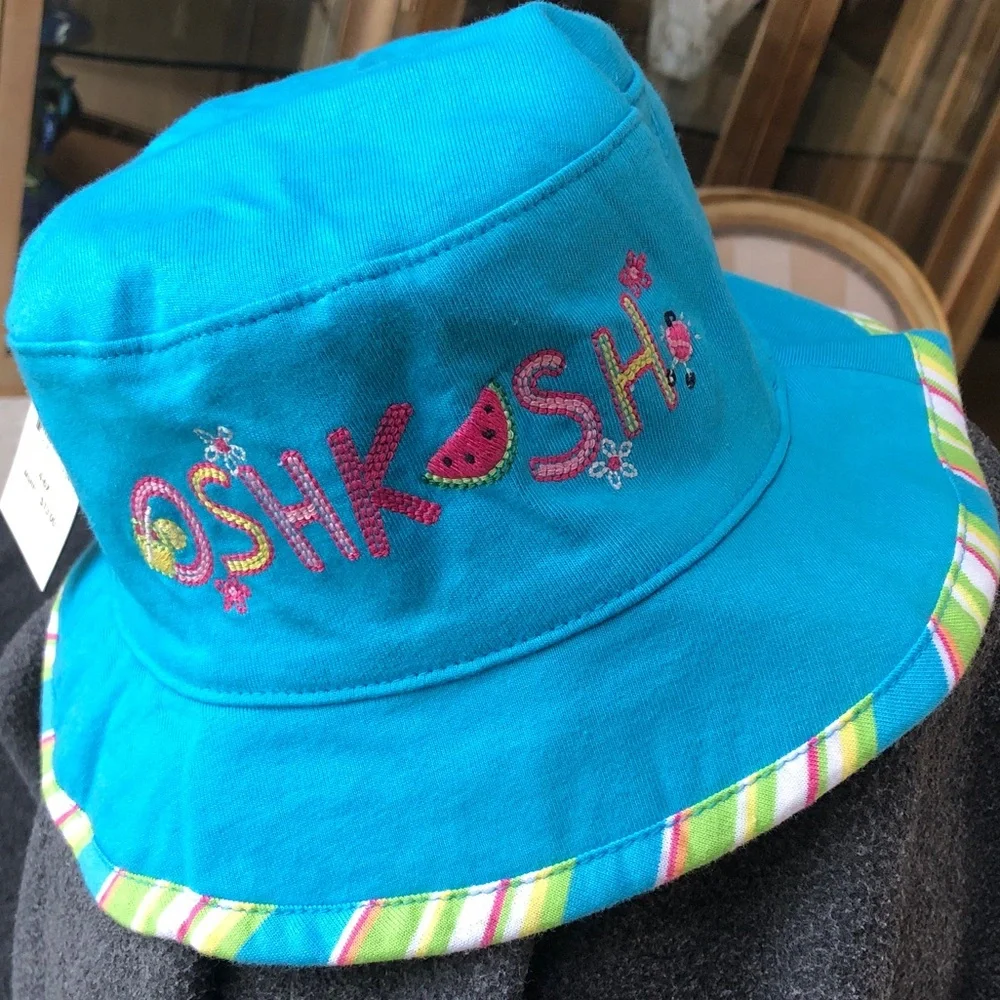 OshKosh B'Gosh Girls 100% Cotton Bucket Hat Pink + Flowers Size L-XL (5Yrs Up)